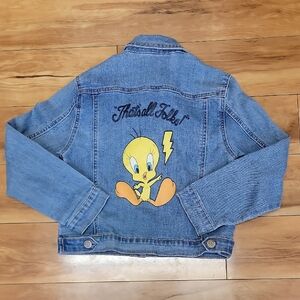 Looney Tunes Size M (7/8) Blue Button Up Denim Jacket with Tweety Design